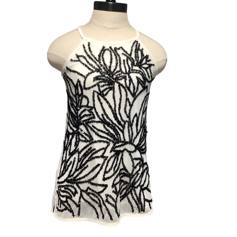 WHITE HOUSE BLACK MARKET Beaded Abstract Mesh Spaghetti Strap Top Size XXS